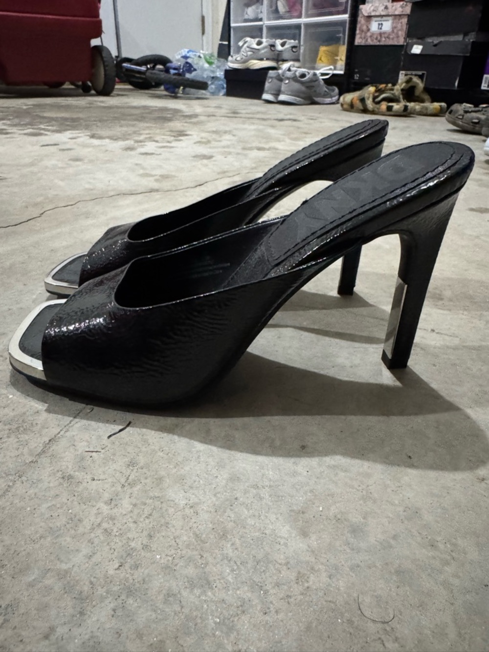 DKNY Black Patent Open-Toe High Heel Mules